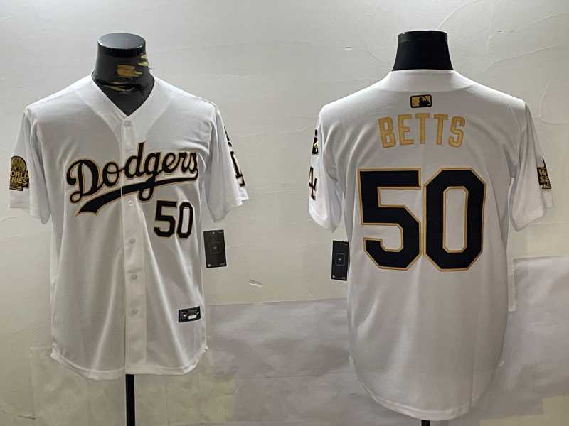 Mens los angeles dodgers #50 mookie betts white gold 2024 world series with fernando memorial patch limited stitched baseball jersey